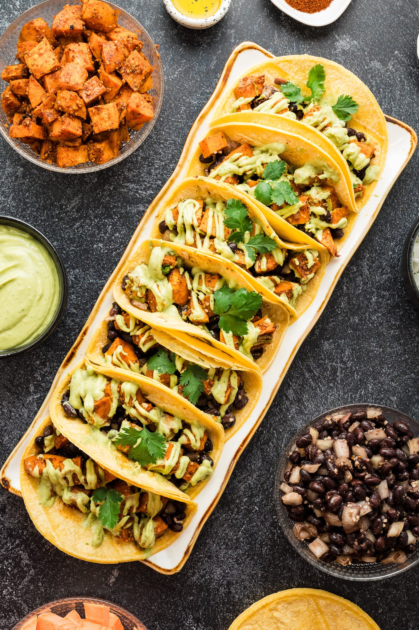 Sweet Potato and Black Bean Tacos (with avocado crema)