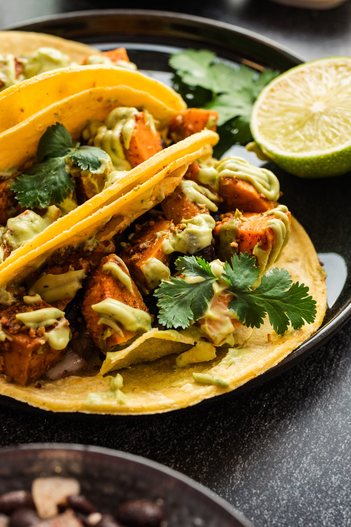 Sweet Potato and Black Bean Tacos (with avocado crema)