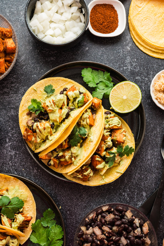 Sweet Potato and Black Bean Tacos (with avocado crema)